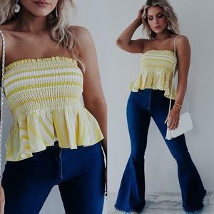 . Shop Hope's Yellow & White Striped Strapless Smocked Ruffled Top